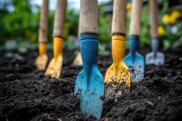 Collection of gardening tools in use representing collaborative gardening and growth