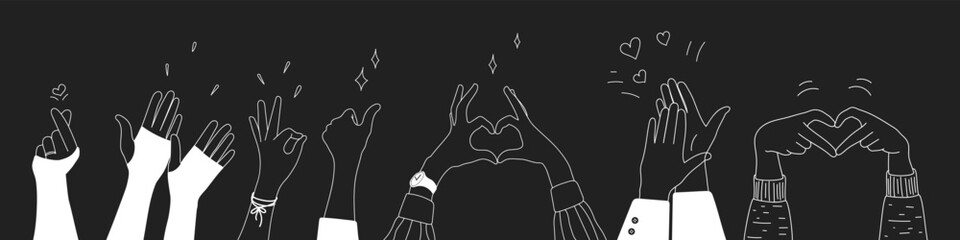 Doodle sketch hands up gestures comic icons silhouettes vector set. Group of line art fun comic hands in the air. Voting or happy congratulation audience recognition symbols.