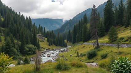 Serene Mountain River Valley Landscape with Evergreen Forest and Rustic Cabin