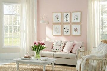 Cozy living room with soft pastel decor, floral artwork on walls, a comfortable sofa, and fresh tulips on a coffee table, creating a serene home atmosphere.