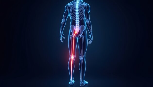 Sciatica pain illustration showing leg and spine anatomy