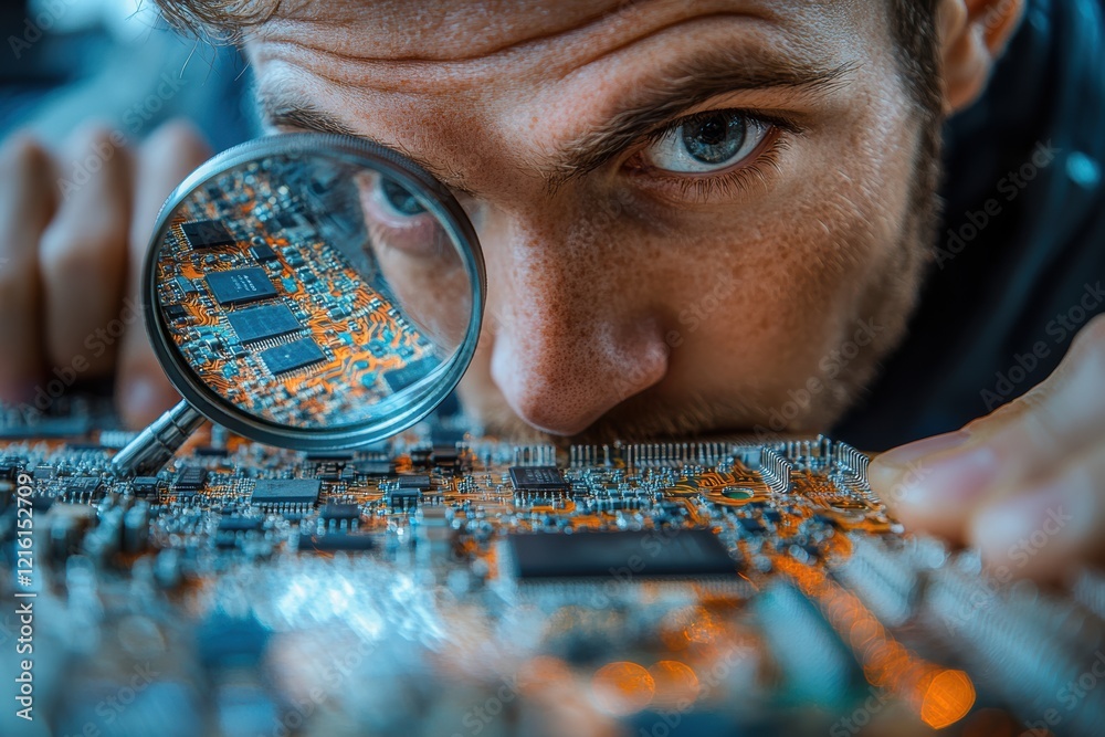 Poster Student engineer with a magnifying glass, inspecting a microchip as part of a futuristic research project,