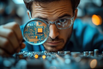 Student engineer with a magnifying glass, inspecting a microchip as part of a futuristic research project,