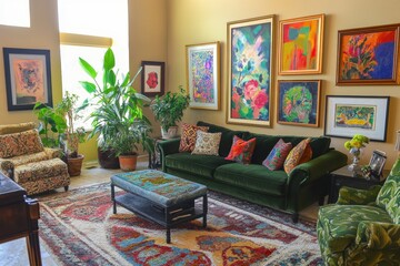 Cozy living room with green sofa, vibrant artwork on walls, indoor plants, and decorative rug, creating a warm and inviting atmosphere for relaxation.