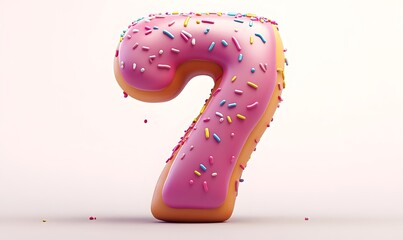 Pink glazed donut number seven, sprinkles, white background, 3D render, dessert