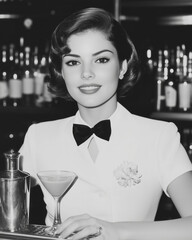 Vintage 1960s christmas photography in black and white of a female bartender in a white tuxodo.