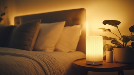 Smart air purifier placed on a side table in a cozy and inviting bedroom setting.