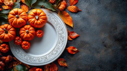 A Thanksgiving table setting with mini pumpkins, autumn leaves, and a white plate on brown