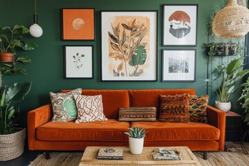 Cozy living room featuring an orange sofa, vibrant wall art, houseplants, and a warm atmosphere....