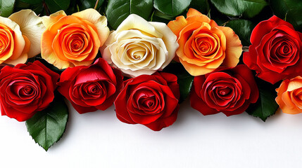 Obraz premium Close-up view of vibrant red, orange, and white roses. A captivating floral arrangement, perfect for Valentine's Day or wedding celebrations.
