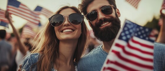 Couple smiling and holding American flags at a patriotic outdoor event, celebrating freedom, unity, and national pride during a summer festival.