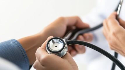 A close-up of a healthcare professional using a stethoscope on a patient with visible heart rate display, against a white background, Minimalist style