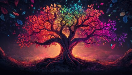 Obraz premium A fantastical tree with vibrant, rainbow-hued leaves stands against a dusk-like sky