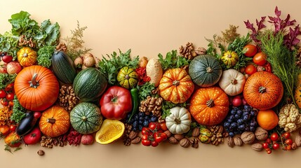 A top view photo depicting the autumn harvest with raw vegetables, pumpkins, gourds, maize, pattypans, walnuts, and physalis on an isolated beige background with copyspace