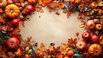 A top view photo illustrating the autumn harvest concept with raw vegetables, pumpkins, gourds, pattypans, apples, and maize on an isolated beige background with copyspace
