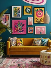 Colorful living room featuring a mustard yellow sofa with decorative pillows, vibrant wall art, indoor plants, and a stylish area rug for modern home decor inspiration.