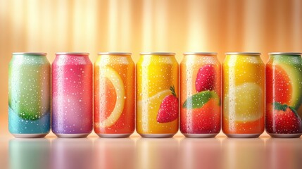 Vibrant tin cans featuring various fruit drinks showcase playful designs against a soft pastel background, creating an inviting and refreshing atmosphere.