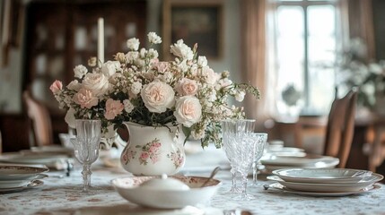 A table with a vase of flowers and a pitcher of water. The table is set for a dinner party