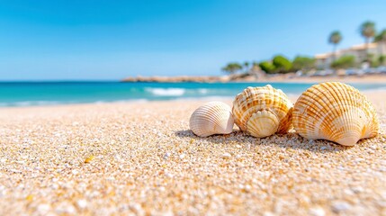 Various seashells and sand on a beach shoreline in bright natural light