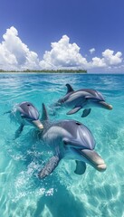 Obraz premium Three dolphins swim in crystal-clear turquoise water near a tropical island, under a vibrant blue sky with fluffy white clouds.