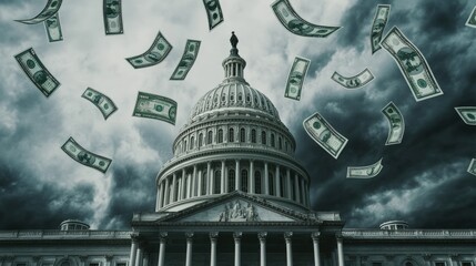 Capitol building under dark stormy skies with flying dollar bills representing government, economy, finance, and currency flow in political context.