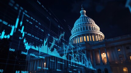 Capitol building at night with financial graph overlay, representing political influence on stock market trends and economic growth analysis in America.