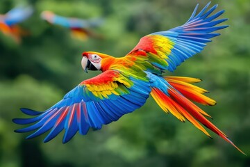 Colorful macaws flying over a lush rainforest canopy, the birds??bright feathers contrasting with the deep green below