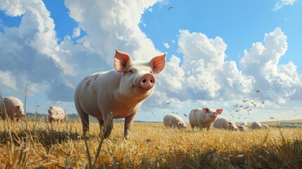 Happy pigs in a field under a sunny sky.