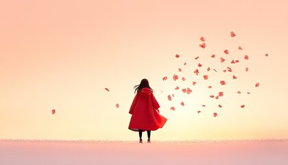 A woman in a red coat stands against a pastel sunset, surrounded by floating petals, evoking tranquility