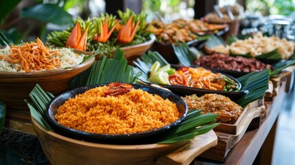 Variety of rice dishes presented on a buffet table with different styles and garnishes. Emphasizing diversity and presentation, ideal for event catering and food styling content with vibrant appeal.