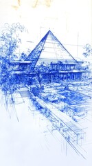 Architectural Sketch of a Pyramid Shaped House and Landscape