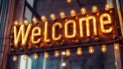 Illuminated "Welcome" sign with warm light bulbs.