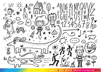 Vector illustration of Doodle cute for kid, Hand drawn set of cute doodles for decoration,Funny Doodle Hand Drawn, Summer, Doodle set of objects from a child's life,Cute animal