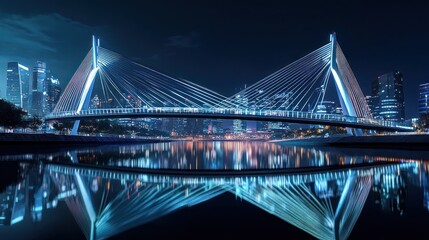 Naklejka premium Night cityscape with illuminated cable bridge reflecting in calm waters