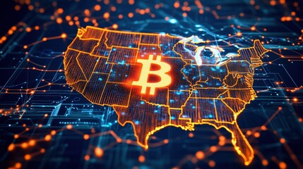 Bitcoin symbol overlay on a digital map of the United States, highlighting cryptocurrency trends, blockchain technology, and financial innovations in the digital economy.