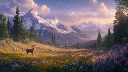 Majestic Mountain Meadow Deer Landscape Sunrise