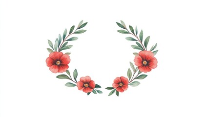 Beautiful watercolor floral wreath featuring vibrant red flowers and green leaves on a white background