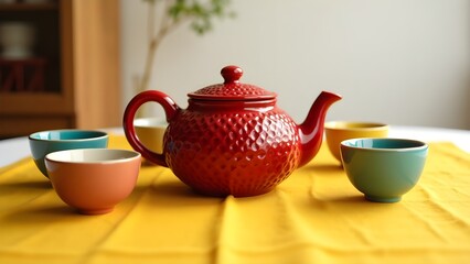 A vibrant red teapot on a yellow tablecloth with colorful ceramic cups around it