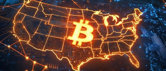Bitcoin symbol glowing over a digital map of the United States, representing cryptocurrency trends, blockchain technology, and financial innovation in the economy.