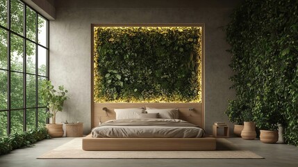 Cozy and Inviting Bedroom Featuring a Plush Bed Surrounded by Lush Green Plants on the Wall Creating a Tranquil Atmosphere Ideal for Relaxation and Restful Sleep in a Modern Home Environment