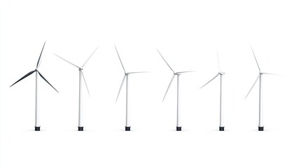 Series of six modern wind turbines standing in a row against a bright white background
