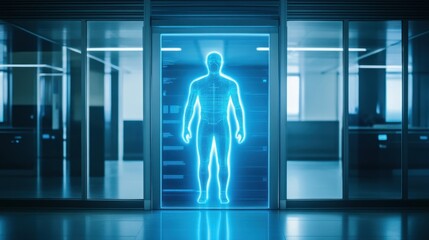 Visualization of biometric access control with holographic data and glowing interfaces.
