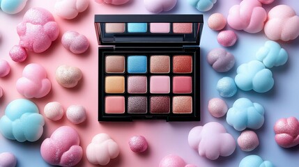 Makeup Palette Surrounded by Colorful Candy-Like Textures