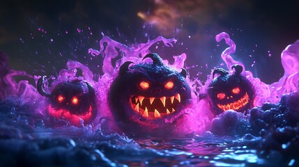 Three Glowing Jack-o'-Lanterns Submerged in a Purple Liquid with a Dark, Eerie Background
