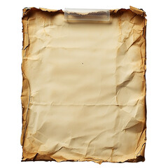Fototapeta premium A crumpled, aged piece of paper with a clip at the top, suggesting use for notes or documents.