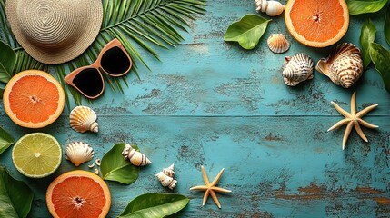sunhat, shades, juicy tropical fruits, island trinkets, a palm frond, seashells, and starfish on a vibrant wooden backdrop, capturing beach vibes and leaving space for a personalized message.