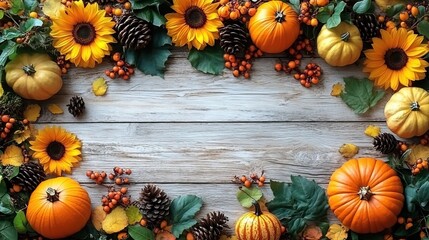A top view vertical photo of sunflowers, raw vegetables, pumpkins, pattypan squash, pine cones, and rowan berries on an isolated white wooden table background, creating an autumn harvest scene