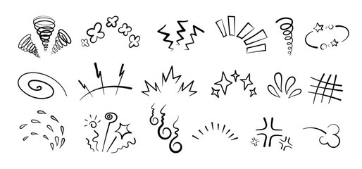 Manga or anime comic emoticon element graphic effects hand drawn doodle vector illustration set isolated on white background. Line style manga doodle line expression scribble anime mark collection.
