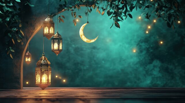 Ramadan lanterns night scene, moonlit tree, festive background