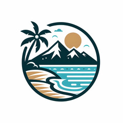 Tropical Beach Logo Style Illustration &mdash; Palm Trees, Ocean Waves & Sunset Paradise Design
